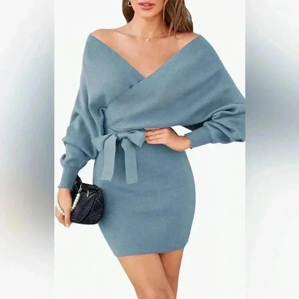 Zonsaoja Women's Sweater Dress Sexy VNeck Long Sleeve Backless Wrap Mini Dress M - Picture 4 of 9